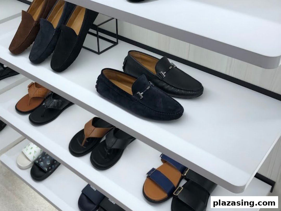 A retail display showcasing various men's shoes, including loafers and sandals, on white shelves.