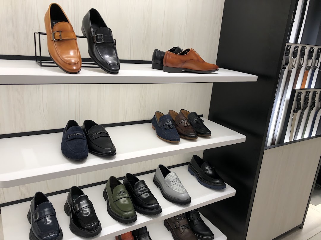 A vibrant display of men's stylish shoes and belts on white shelves inside ALDO.