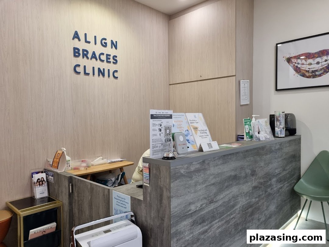 The reception area of Align Braces Clinic featuring a modern desk and clinic signage.