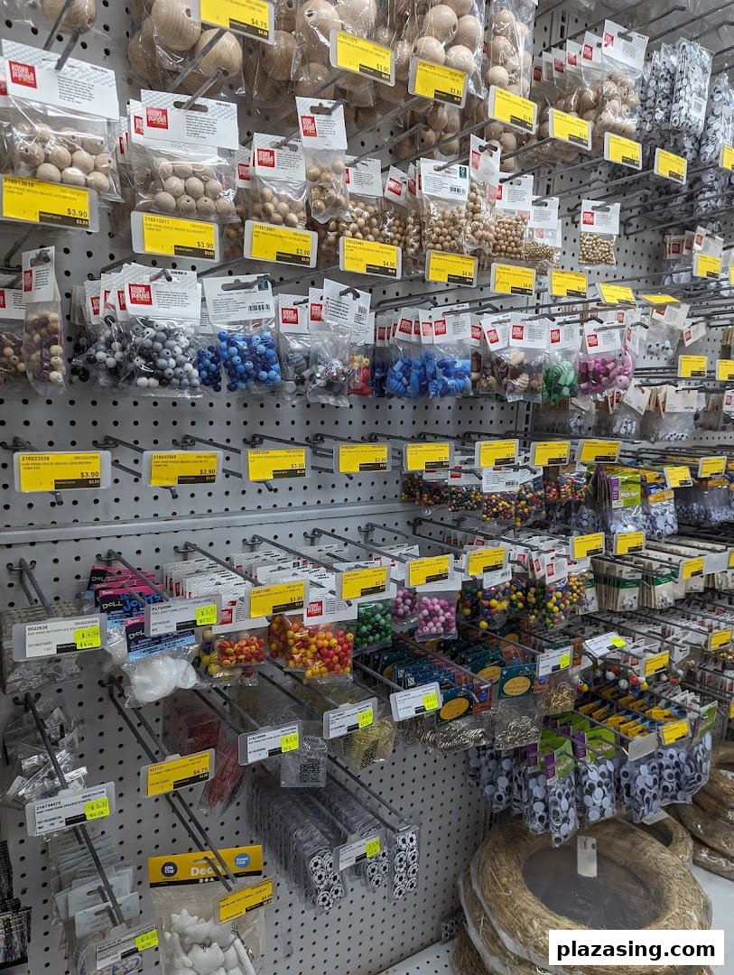 Shelves at Art Friend display a wide variety of craft beads, googly eyes, and other small art and hobby supplies.