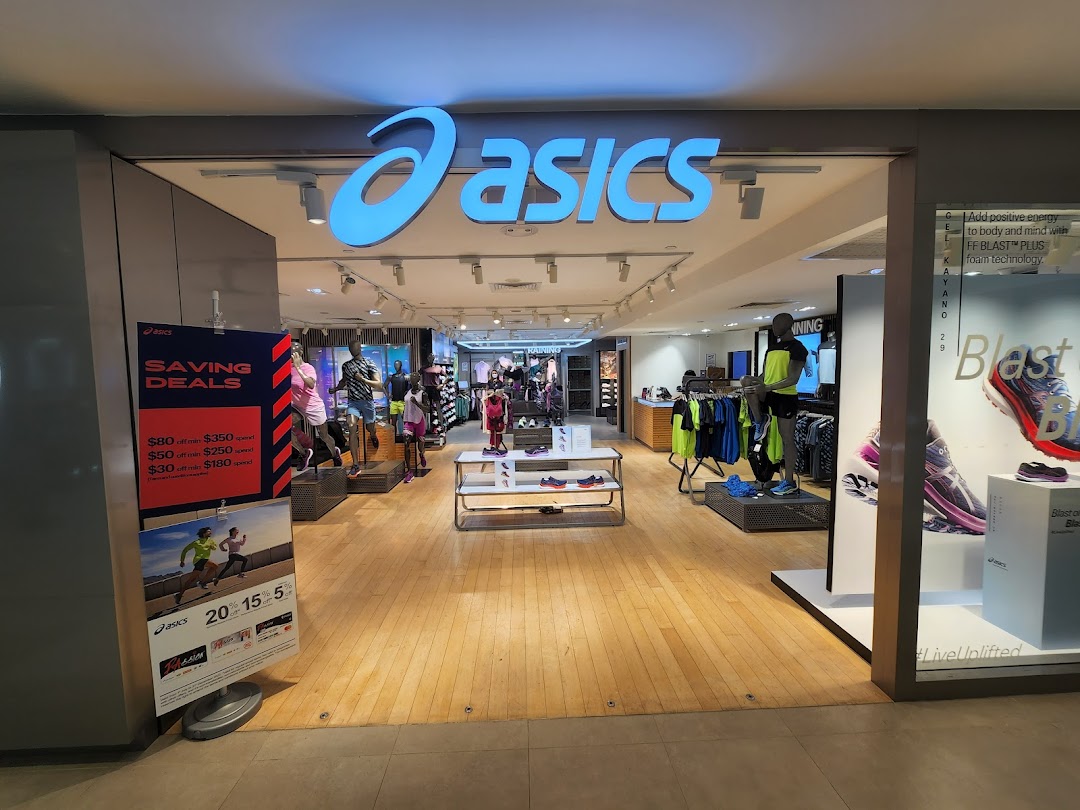 The ASICS store entrance showcasing athletic apparel, footwear, and current promotions.