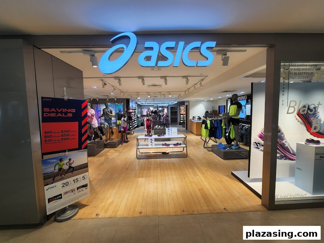 The ASICS store entrance showcasing athletic apparel, footwear, and current promotions.