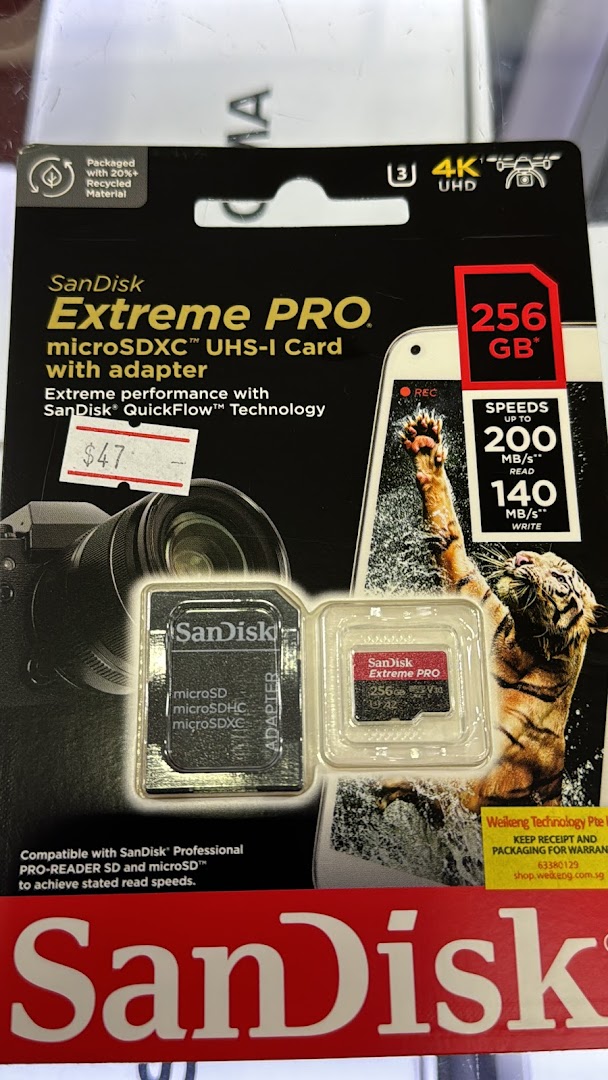 A packaged SanDisk Extreme PRO microSDXC card with adapter, priced at $47.
