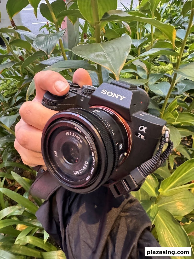 A hand holds a Sony Alpha 7 III camera with a FE 2.5/40 G lens amidst green foliage.