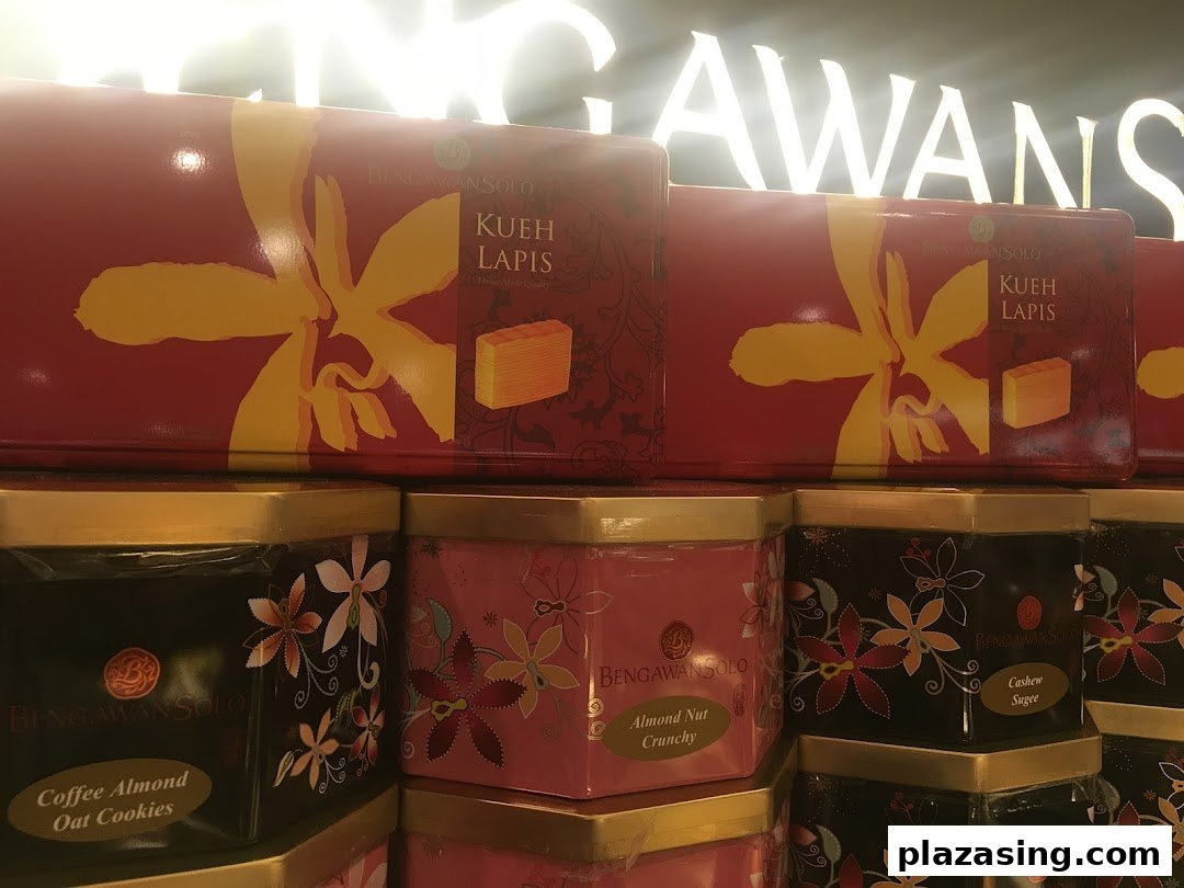 Close-up of Bengawan Solo's traditional Indonesian kueh lapis and cookie products in decorative packaging.