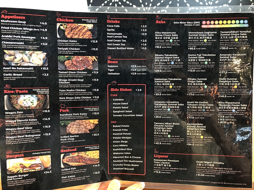 A comprehensive menu displaying a variety of Japanese dishes, drinks, and sake options with prices.