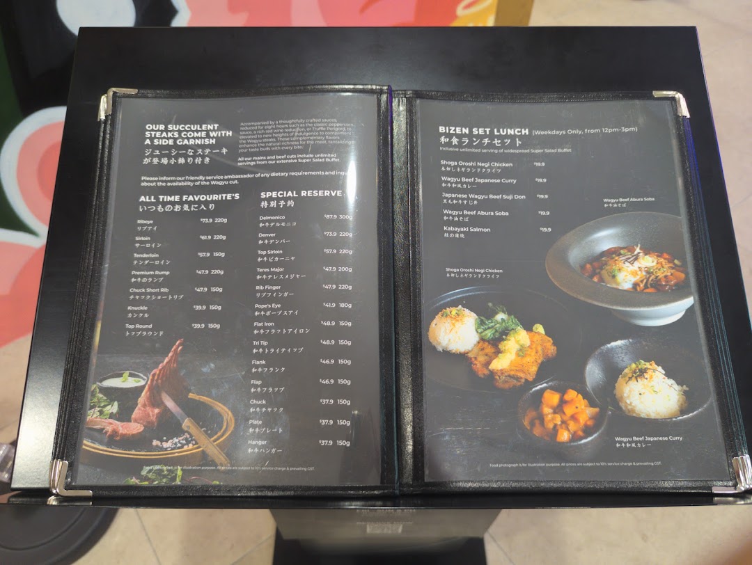 A detailed menu displaying various Wagyu beef steak cuts and Bizen set lunch options with prices.