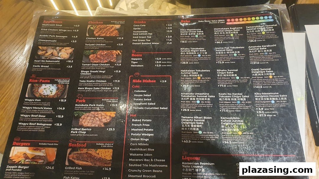 A comprehensive menu displaying a wide array of Japanese dishes, including Wagyu, chicken, pork, seafood, and an extensive sake list.