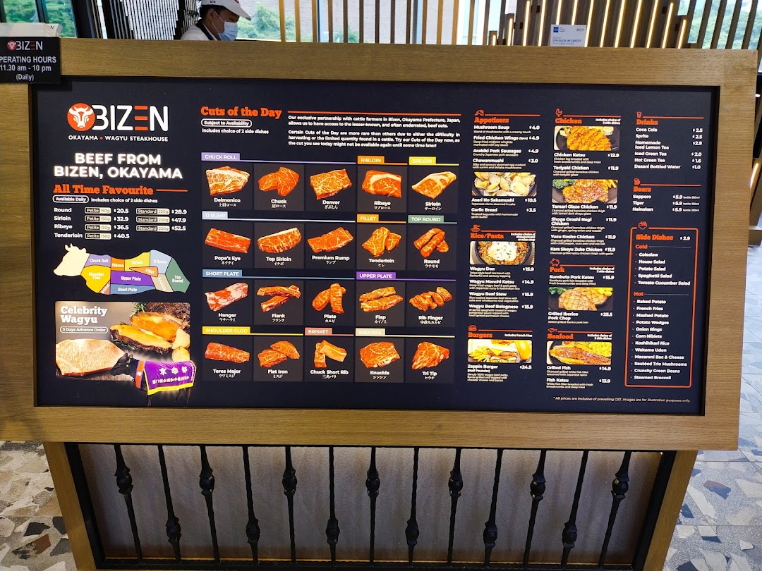 A large menu board for Bizen Wagyu Steakhouse, displaying beef cuts, dishes, and prices.
