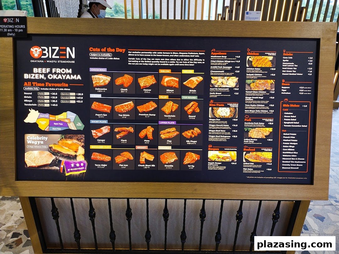 A large menu board for Bizen Wagyu Steakhouse, displaying beef cuts, dishes, and prices.