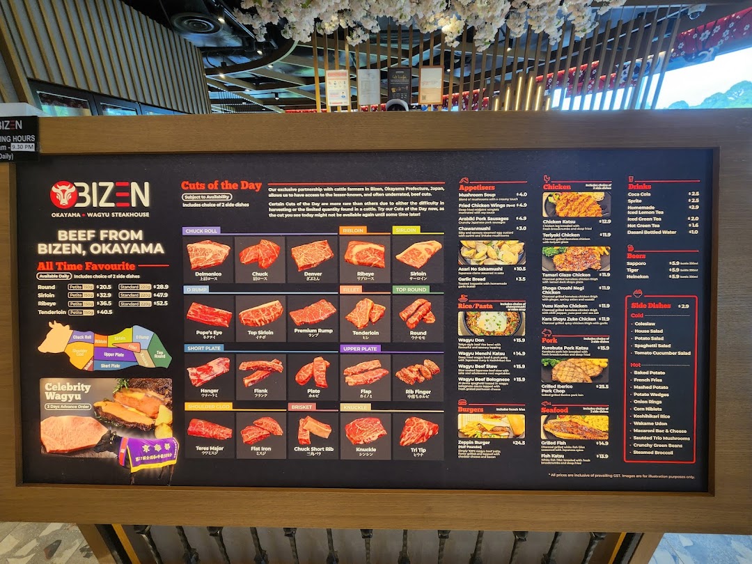 A large digital menu board for Bizen Wagyu Steakhouse, displaying various beef cuts, appetizers, main courses, drinks, and side dishes.