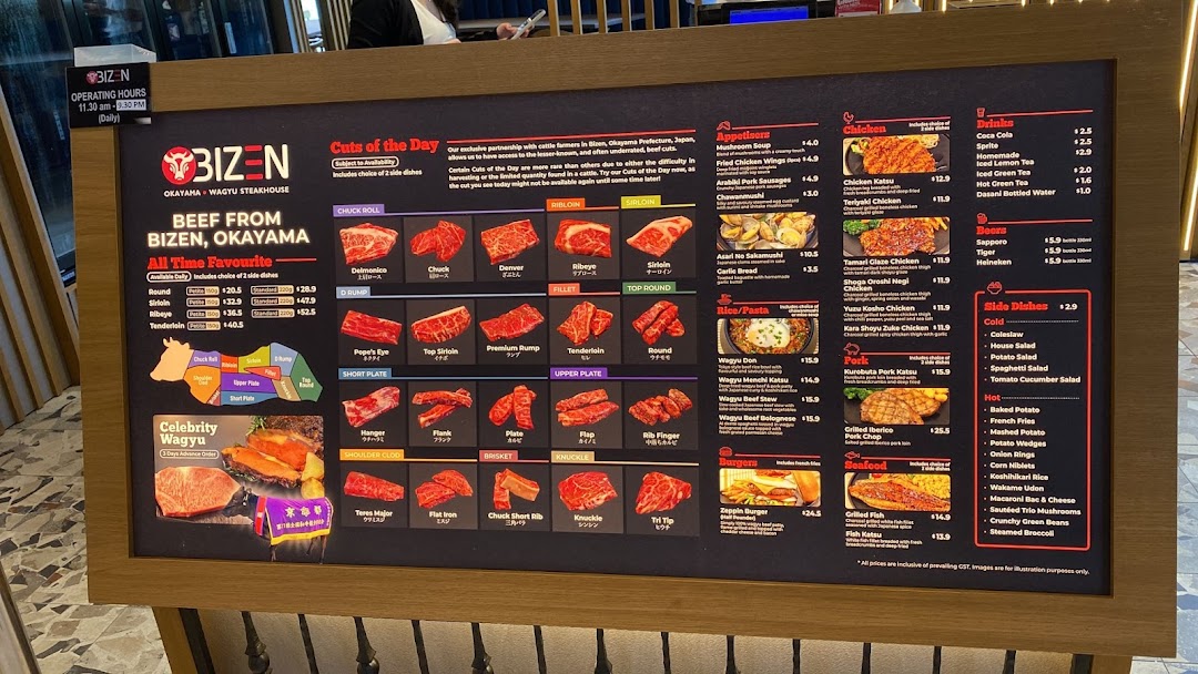 A comprehensive menu board for Bizen Wagyu Steakhouse, displaying various beef cuts, appetizers, and main courses.