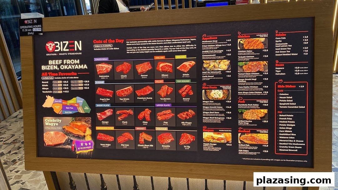 A comprehensive menu board for Bizen Wagyu Steakhouse, displaying various beef cuts, appetizers, and main courses.
