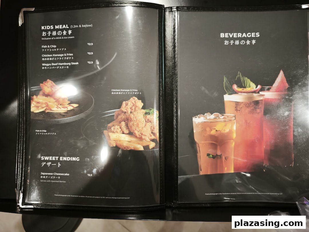 A two-page menu displaying kids' meals, desserts, and beverages with appealing food photography.