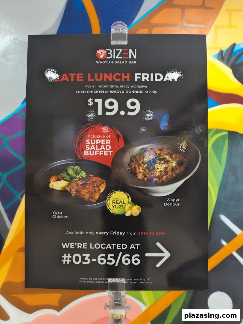A promotional poster for Bizen Wagyu & Salad Bar, featuring a late lunch offer with Yuzu Chicken or Wagyu Donburi.