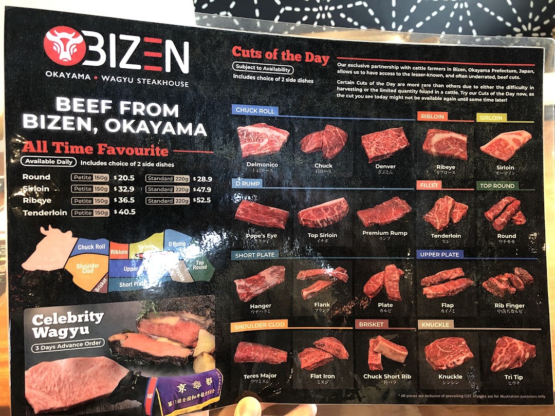 A detailed menu from Bizen Wagyu Steakhouse, showcasing various beef cuts and prices.