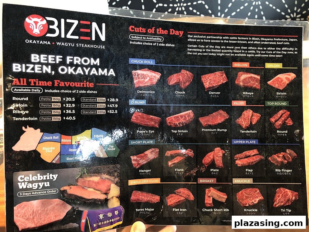 A detailed menu from Bizen Wagyu Steakhouse, showcasing various beef cuts and prices.