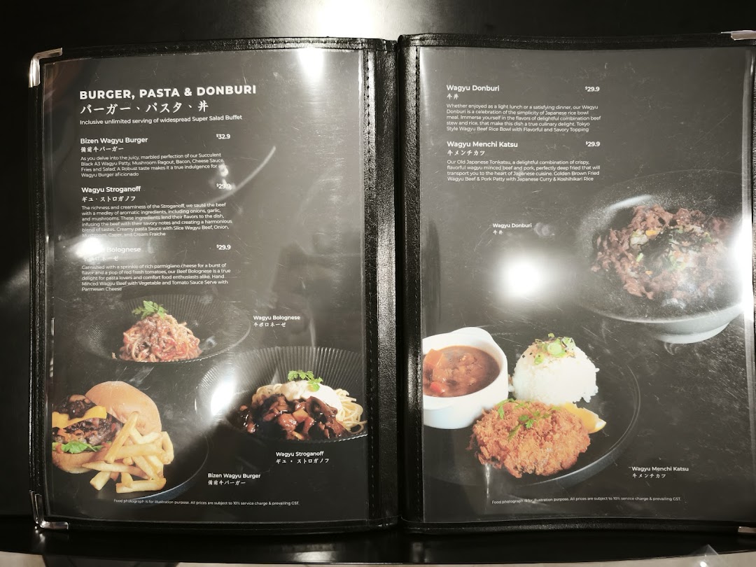 A detailed menu displaying various Wagyu beef dishes including burgers, pasta, and donburi with prices.