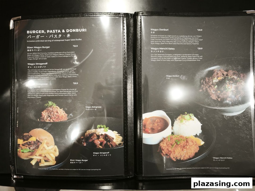 A detailed menu displaying various Wagyu beef dishes including burgers, pasta, and donburi with prices.