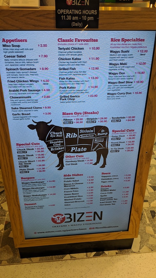 A digital menu board displaying a wide range of wagyu steaks, Japanese dishes, and beverages.
