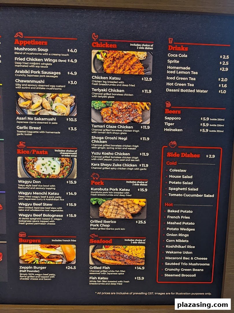 A detailed menu displaying a variety of Japanese and Western fusion dishes, drinks, and side dishes.