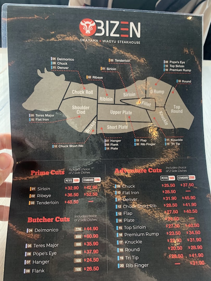 A detailed menu from Bizen Okayama Wagyu Steakhouse, showcasing various cuts of beef with prices and a cow diagram.