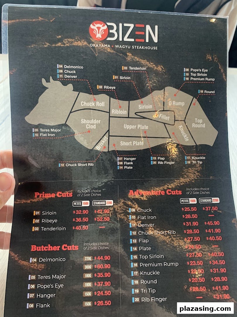 A detailed menu from Bizen Okayama Wagyu Steakhouse, showcasing various cuts of beef with prices and a cow diagram.