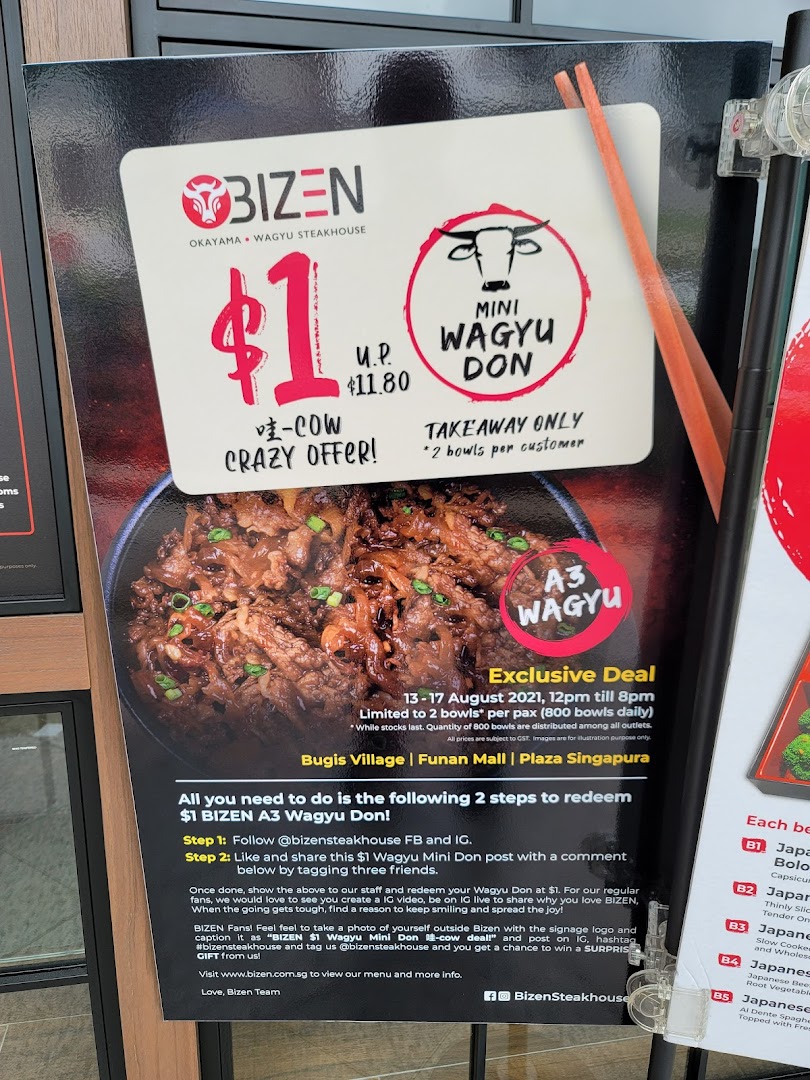 A promotional poster for Bizen Wagyu Steakhouse, featuring a $1 Mini Wagyu Don offer.