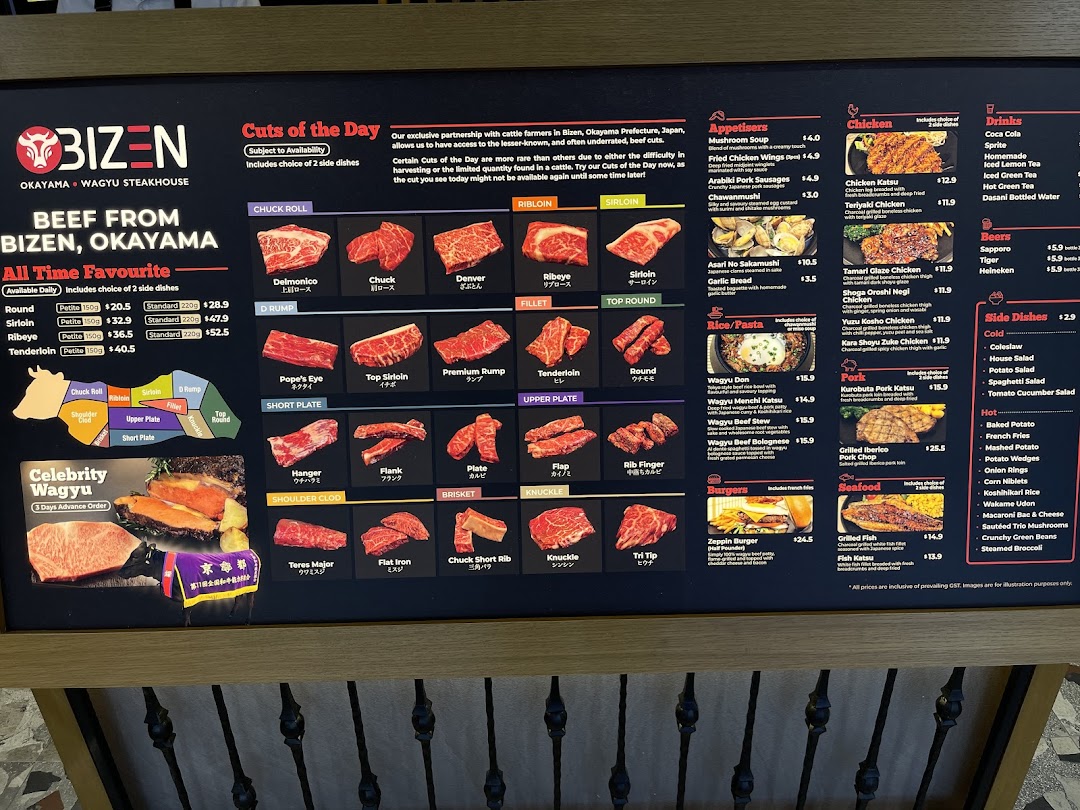 A detailed menu board for Bizen Wagyu Steakhouse, showcasing various beef cuts and other Japanese dishes.