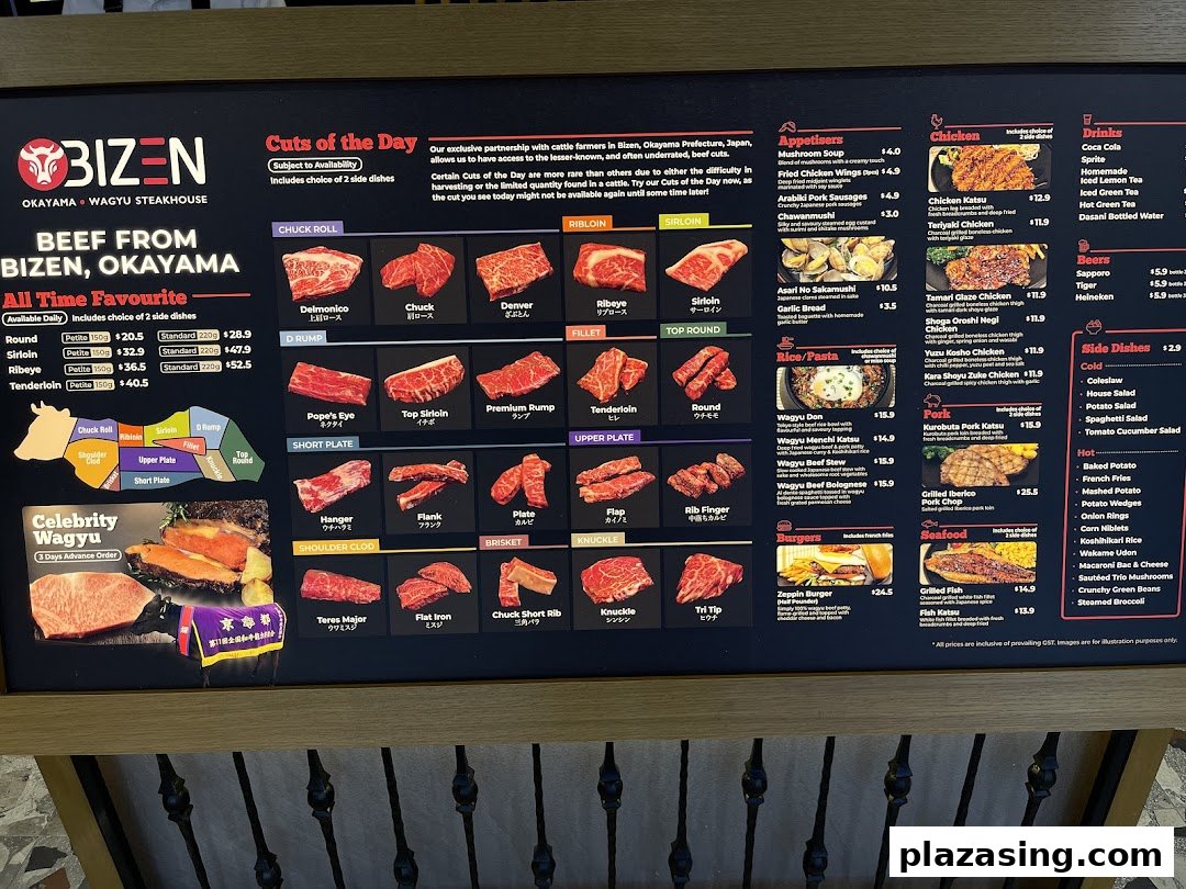 A detailed menu board for Bizen Wagyu Steakhouse, showcasing various beef cuts and other Japanese dishes.