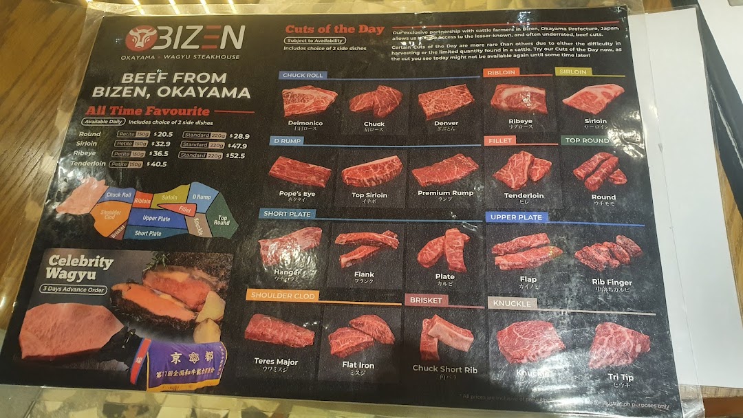 A detailed menu displaying various cuts of Bizen Okayama Wagyu beef with prices and descriptions.