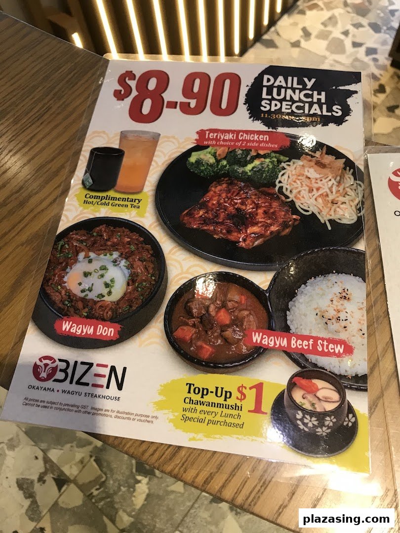 A menu displaying daily lunch specials, including Wagyu Don, Teriyaki Chicken, and Wagyu Beef Stew, at Bizen Wagyu Steakhouse.