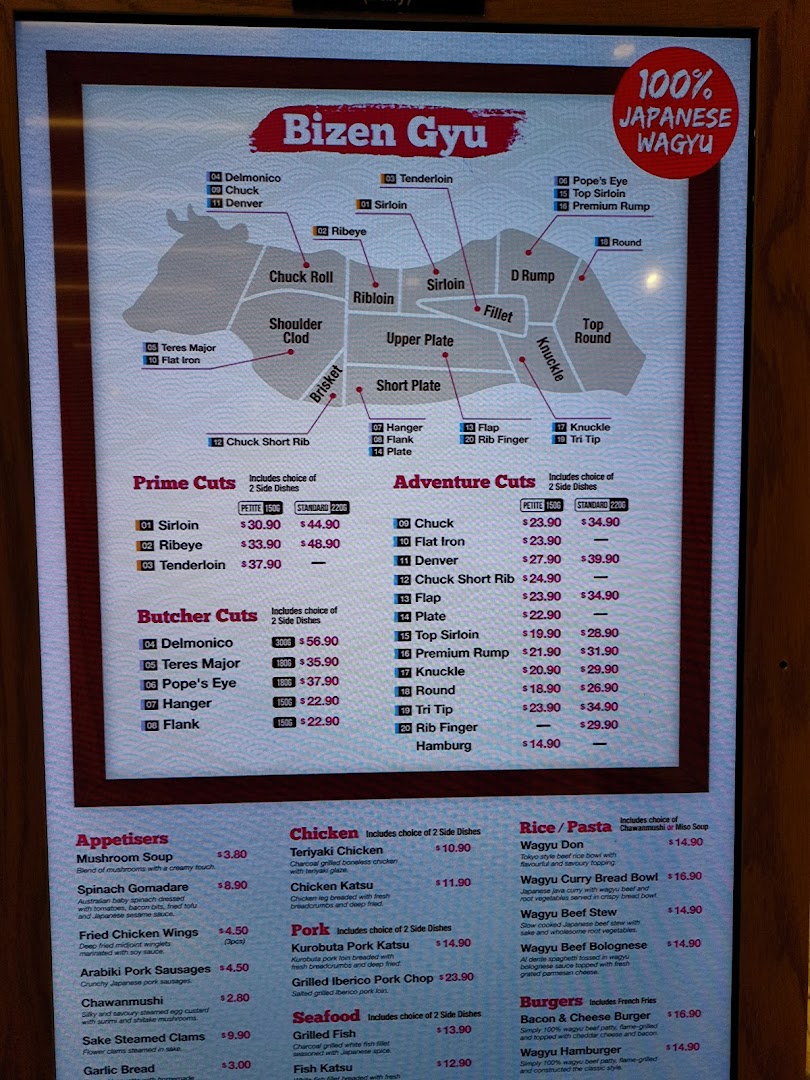 A digital menu board displaying various cuts of 100% Japanese Wagyu beef and other Japanese dishes.