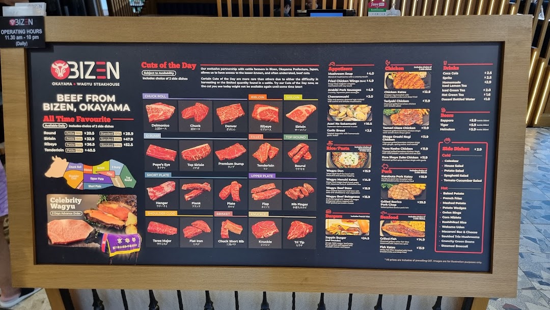 A large menu board displaying various wagyu beef cuts, appetizers, main courses, and drinks.