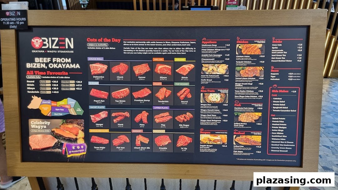 A large menu board displaying various wagyu beef cuts, appetizers, main courses, and drinks.