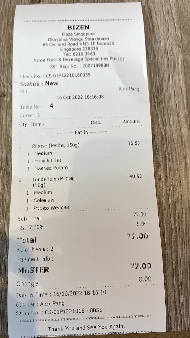 A detailed receipt from Bizen Wagyu Steakhouse, showing ordered items, prices, and total.