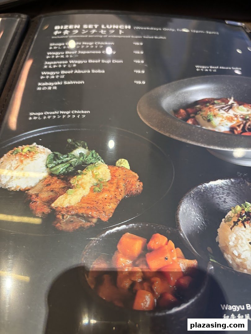 A close-up of a menu page from Bizen Wagyu Salad Bar, featuring lunch sets with Japanese dishes and prices.