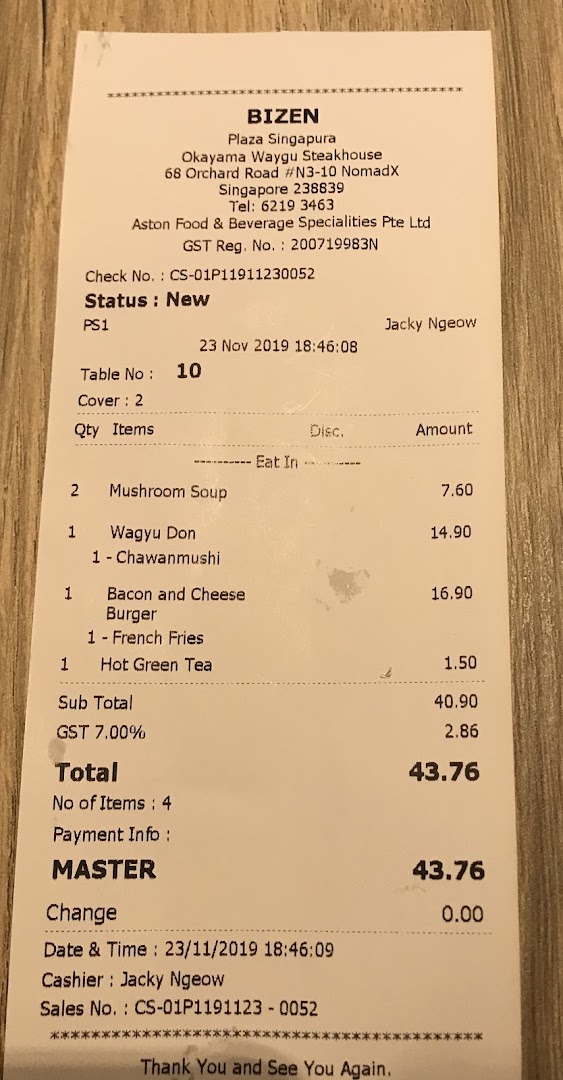 A detailed receipt from Bizen, showing ordered items, prices, and total cost.