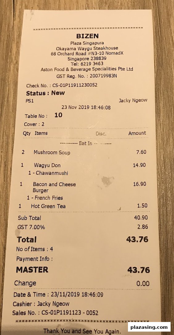 A detailed receipt from Bizen, showing ordered items, prices, and total cost.