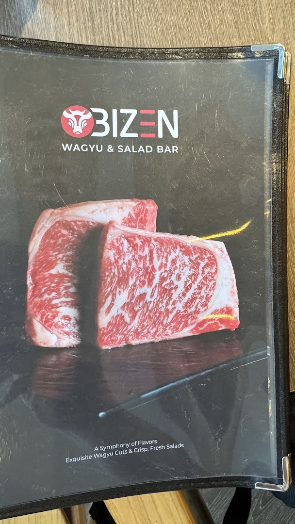 The cover of a Bizen Wagyu & Salad Bar menu, featuring premium wagyu beef cuts.