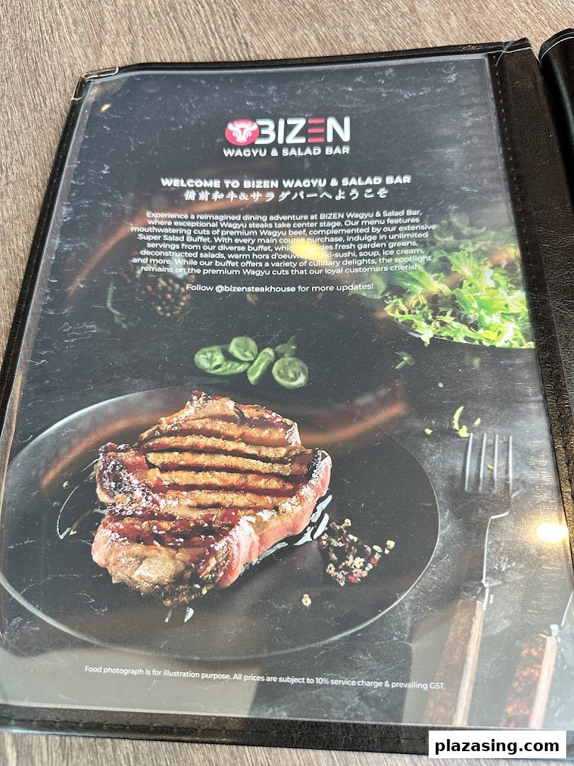 A menu page for Bizen Wagyu & Salad Bar, featuring a grilled steak and buffet description.