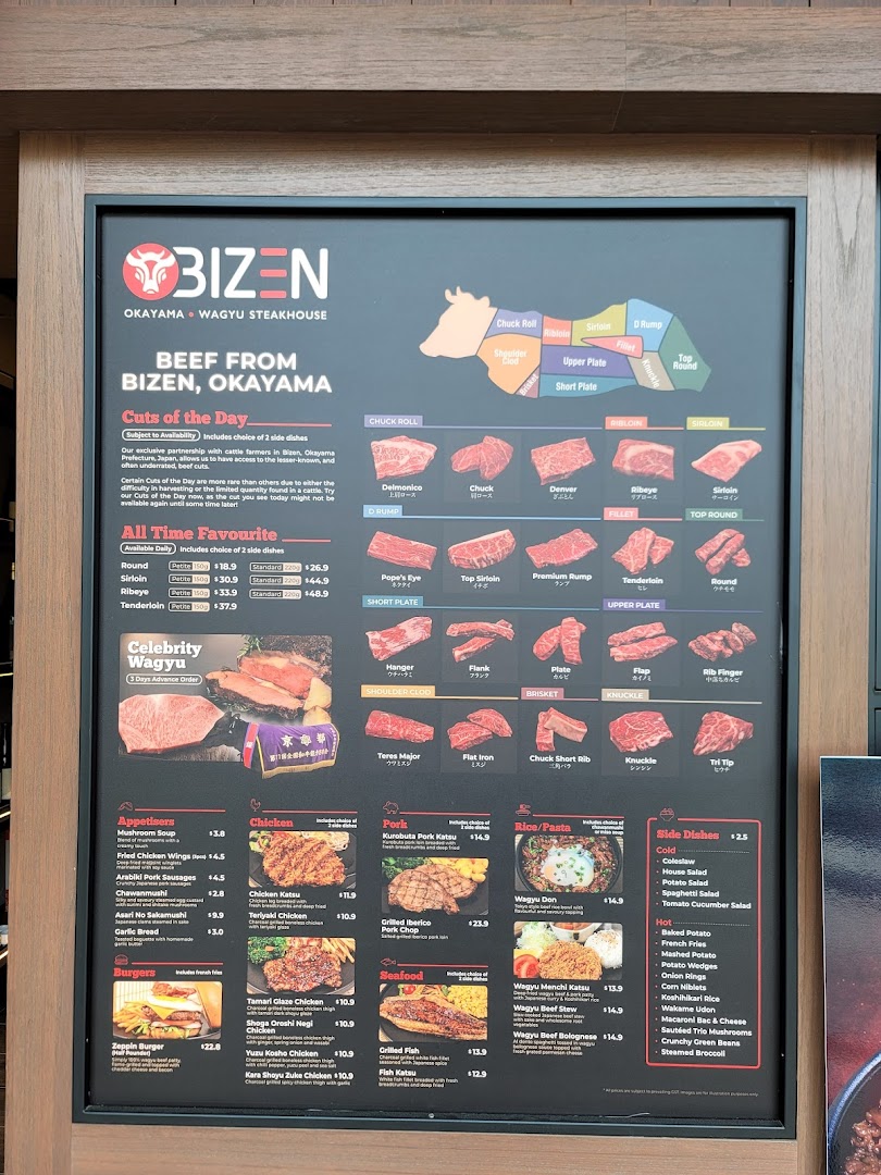 Detailed menu board for Bizen Wagyu Steakhouse, showcasing beef cuts, appetisers, and various dishes.