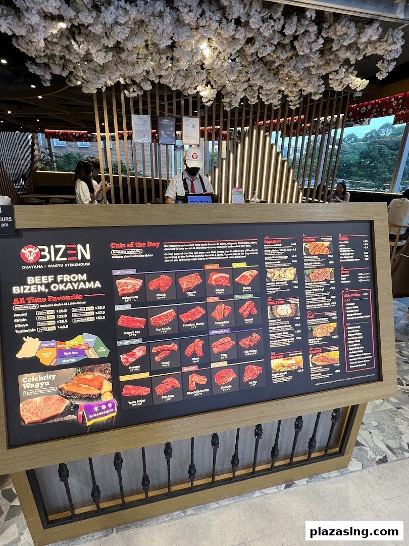 A large menu board at Bizen Wagyu Steakhouse entrance, showcasing premium beef cuts and other dishes, with a staff member.