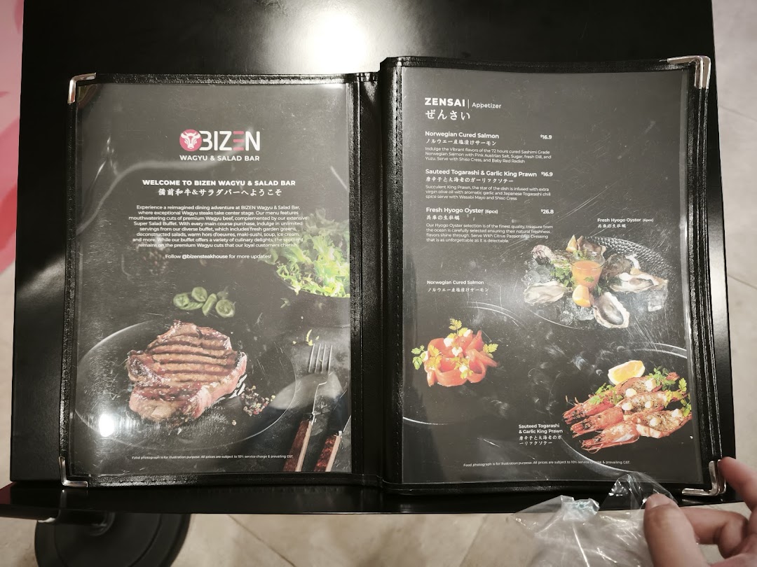 An open menu from Bizen Wagyu & Salad Bar, showcasing appetizers and a welcome message.