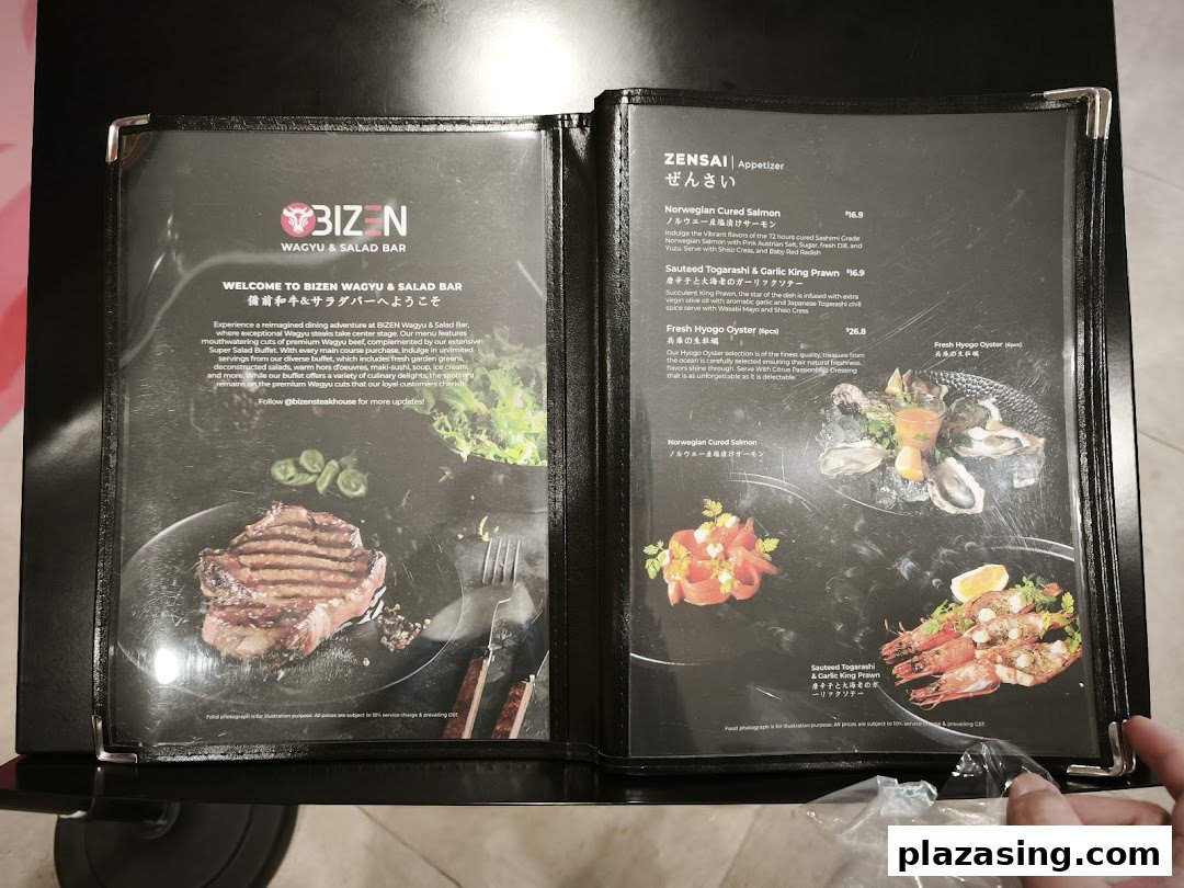 An open menu from Bizen Wagyu & Salad Bar, showcasing appetizers and a welcome message.