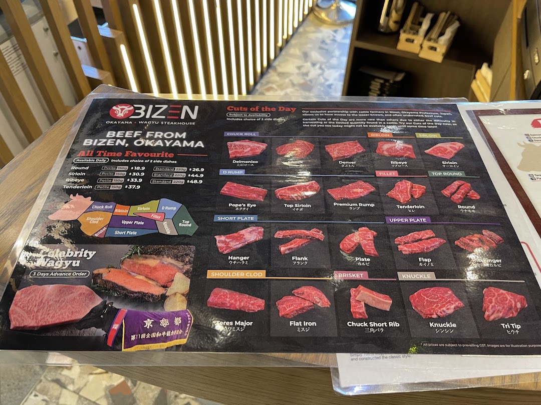 A detailed menu from Bizen Wagyu Steakhouse showcasing various beef cuts and prices.