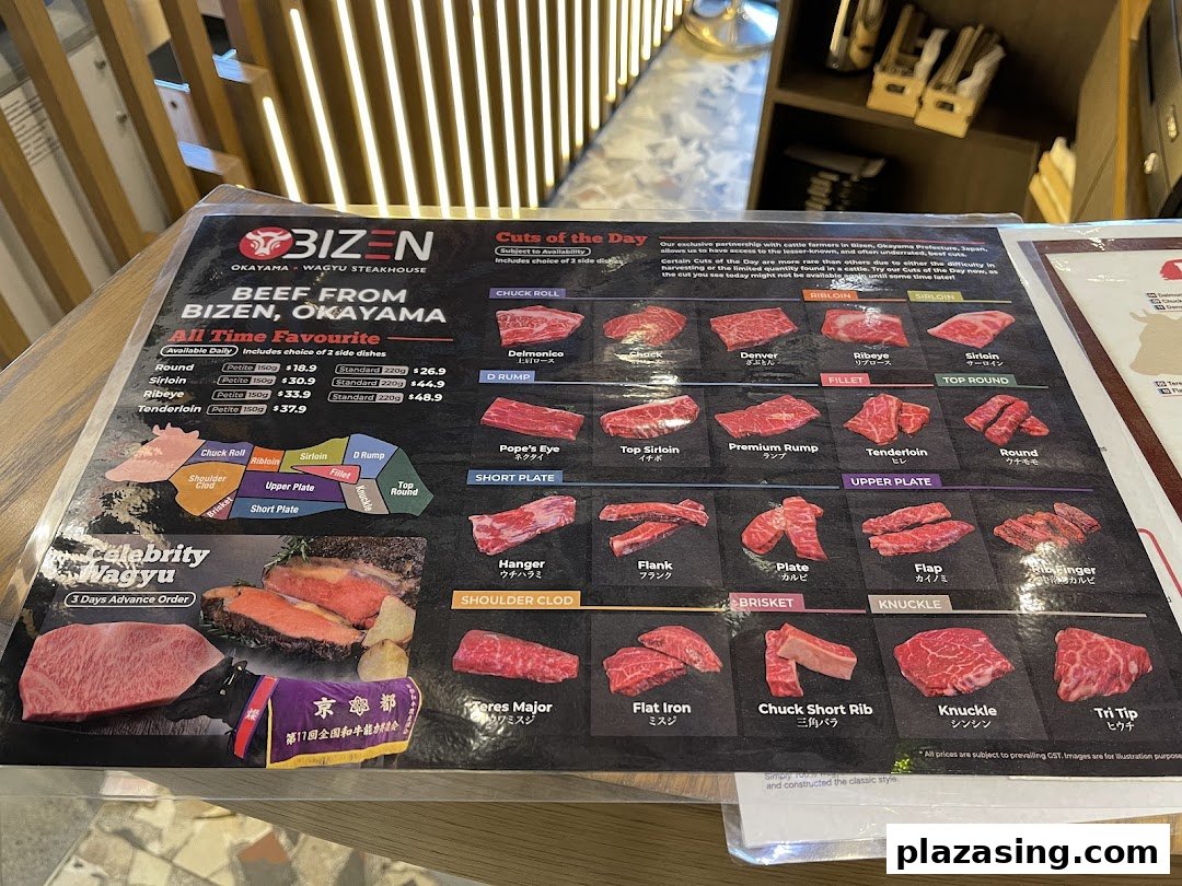 A detailed menu from Bizen Wagyu Steakhouse showcasing various beef cuts and prices.