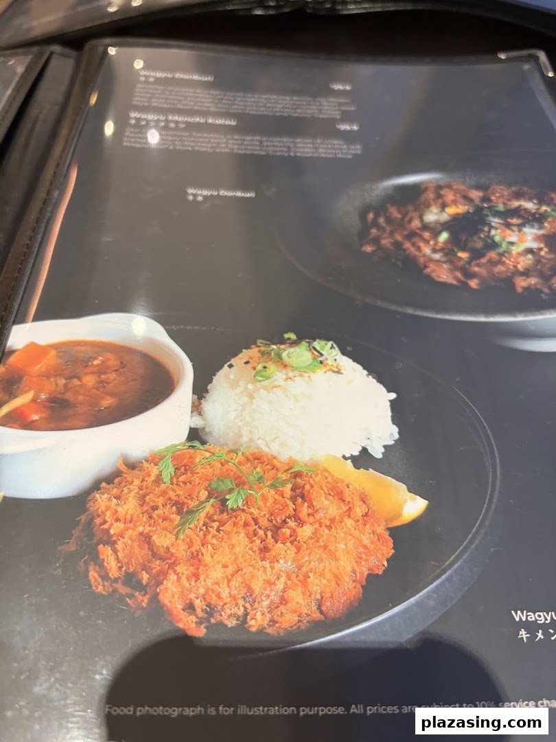 A menu page displaying a crispy breaded cutlet with rice and curry, alongside other Wagyu dishes.