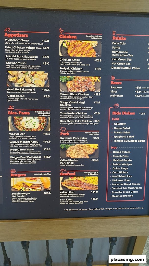 A detailed menu board displaying a variety of Japanese and Western-inspired dishes, drinks, and side options.