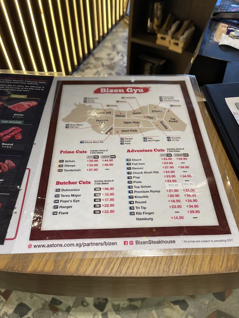 A detailed menu from Bizen Gyu, showcasing various beef cuts with prices and a beef anatomy diagram.